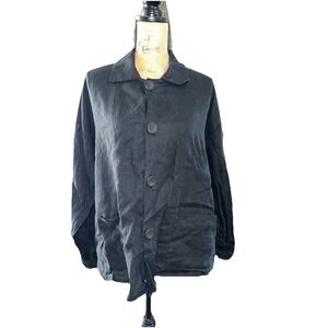 Flax Black Button Up Linen Oversized Blouse Boxy Lagenlook Rolled Sleeves Large